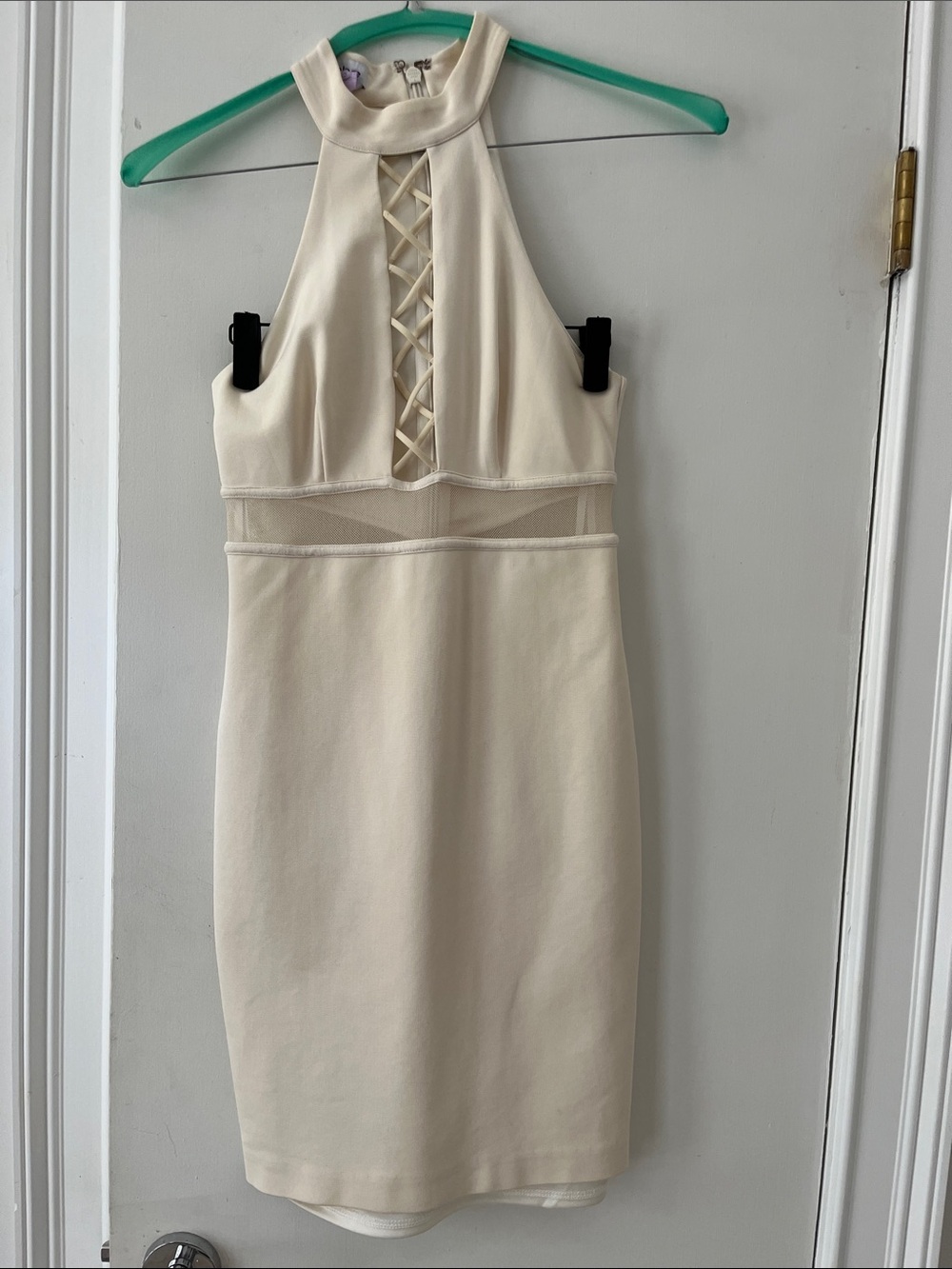 bebe Cream Halter Lace-Up Mini Dress